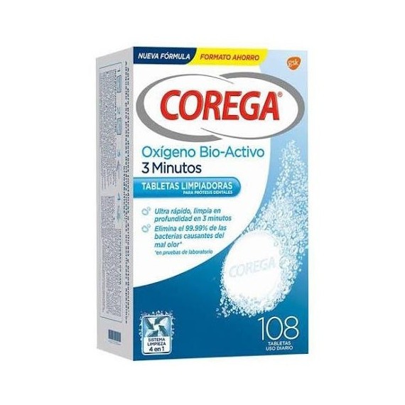 COREGA Comprimidos de Limpeza Bio-activa de Dentaduras de Oxigénio 108 Unidades