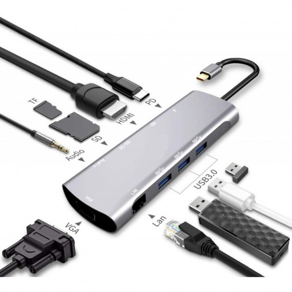 Adaptador USB C 10 en 1 usb3.0 Hub + Lector de tarjeta HD 4K+ Lan +VGA -  Guanxe Atlantic Marketplace