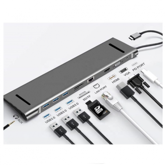 DOCK HUB USB-C 10 EN 1 HDMI 4K/3 USB 3.0/TIPO C/SD+MICRO SD/RJ45/VGA/AUDIO