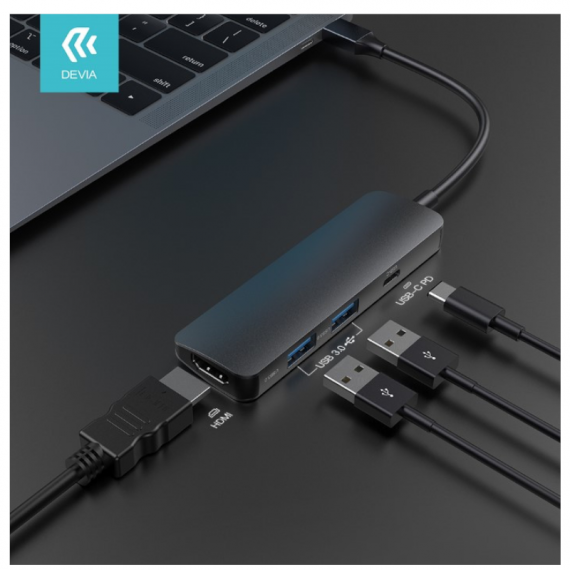 DEVIA Hub Adaptador 4 en 1 de Tipo C a 2 USB 3.0, Pd y HDMI