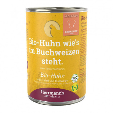 Publicité pour le chien Herrmanns. Boîte de conserve Poulet/Hin 400 Gr HERRMANN'S