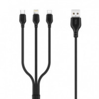 Cable Carga Rapida 3 en 1 Micro + Tipo C + Lightning a USB Negro XO