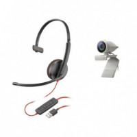POLY Kit Videoconferencia con Cámara Web Studio P5 Mas Auricular Profesional Blackwire 3210 Monoaural