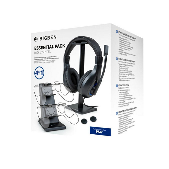 Bigben PS4 Essential Pack 4 In 1 Black (headset/soporte Headset/base de Carga para 2 MANDOS/2 Grips)  NACON