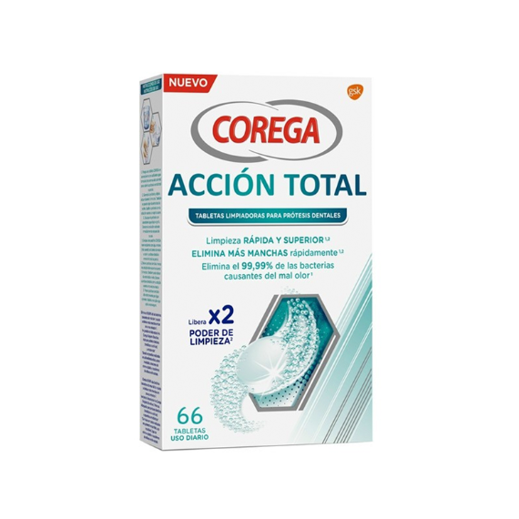 COREGA Accion Total Limpiador Limpieza Protesis Dental 66 Tabletas