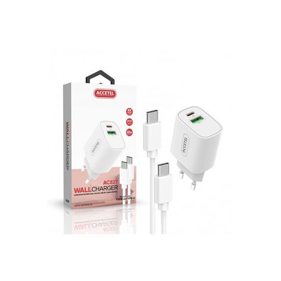 ACCETEL Cargador Tipo C+ USB con Cable Tipo C AC827 3AMP 20W Blanco