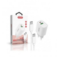 ACCETEL Cargador Tipo C+ USB con Cable Tipo C AC827 3AMP 20W Blanco