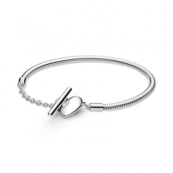 PANDORA San Valentín Pulsera Moments Corazón Grabable en Plata de Ley Cadena de Serpiente con Cierre en T y 599285C00