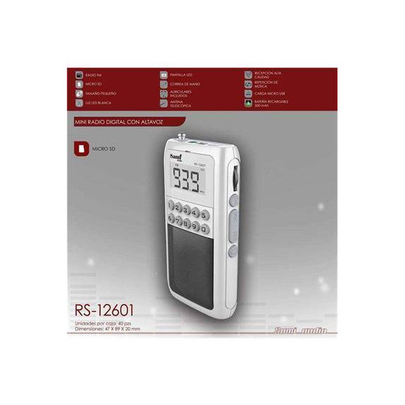 SAMI Radio Digital de Bolsillo RS-12601 Fmm/micro Sd/carga Micro Usb/ Bateria 500MAH