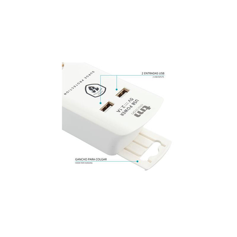 TM ELECTRON Regleta 6 Enchufes Con 2xUsb Blanco y Interruptor TMUAD306  Blanco