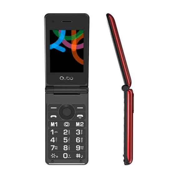 QUBO Telefono Movil X28 Rojo  Dual Sim, Linterna,Boton SOS,Radio,Camara CON 2 MEMORIAS DE EMERGENCIA