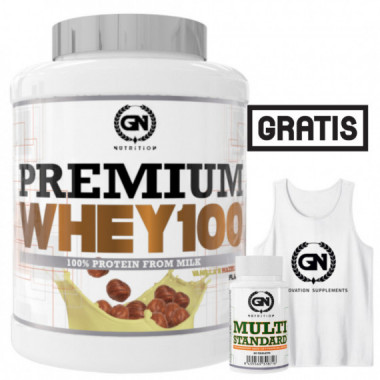 100% Whey Premium 2KG + Gratis Camiseta Oficial Gratis Multivitamínico 60 Caps - GN NUTRITION