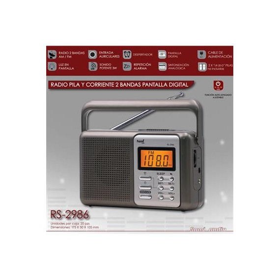 SAMI Radio Portatil Digital Am/fm RS-2986 con Funcion Sleep,despertador,aux In 3W