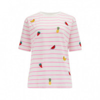 Sugarhill Brighton camisetas mujer Camiseta Sugarhill Kinsley Relaxed Off-White Pink Fruit Embroidery