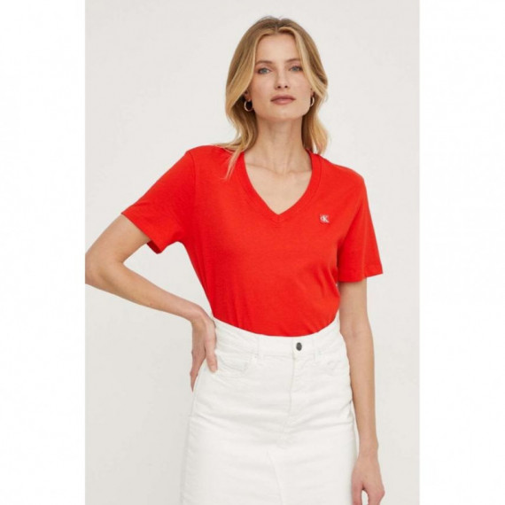 Ck Embro Badge V-neck Tee Fiery Red  CALVIN KLEIN