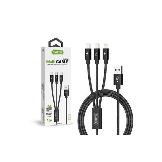 ACCETEL Cable de Carga Usb-a a Lightning+tipo C+tipo-c 3.6AMP CU2010