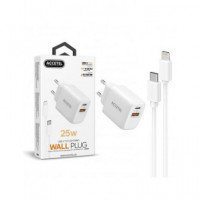 ACCETEL Cargador Red Usb-c+usb a 3.0+ Cables Datos Tipo C/m a Lightning/m 25W AC553 Blanco