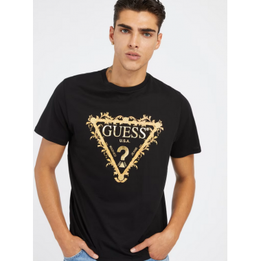 Camiseta Guess negra logo triángulo dorado