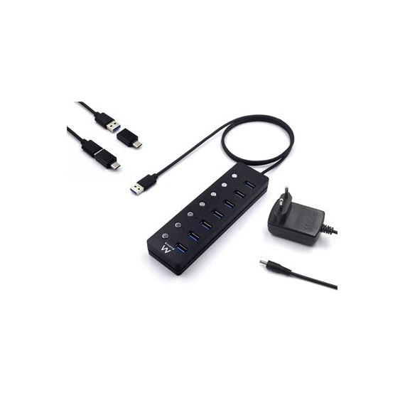 EWENT Hub 7XUSB a con Interruptor Individual con Corriente y Adaptador Tipo C EW1147