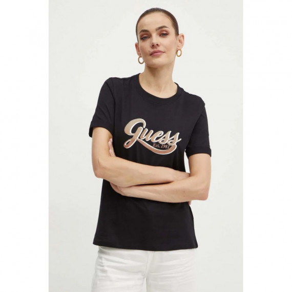 Ss Cn Glittery Logo Tee Jet Black A996  GUESS