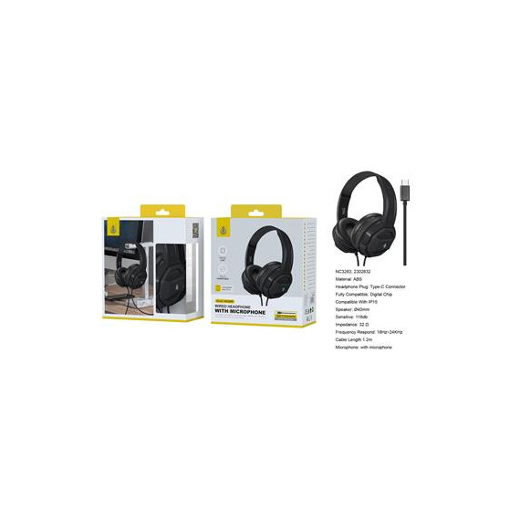 One Plus Auricular Casco Estereo de Cable con Microfono NC3283 Conector Tipo C Negro  MTK