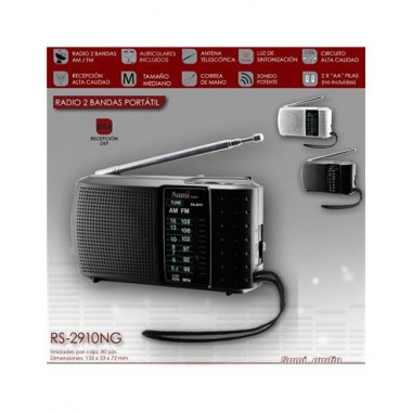 SAMI Radio Portatil Analogica Am-fm RS-2910 Entrada Auricular, Pilas Negra