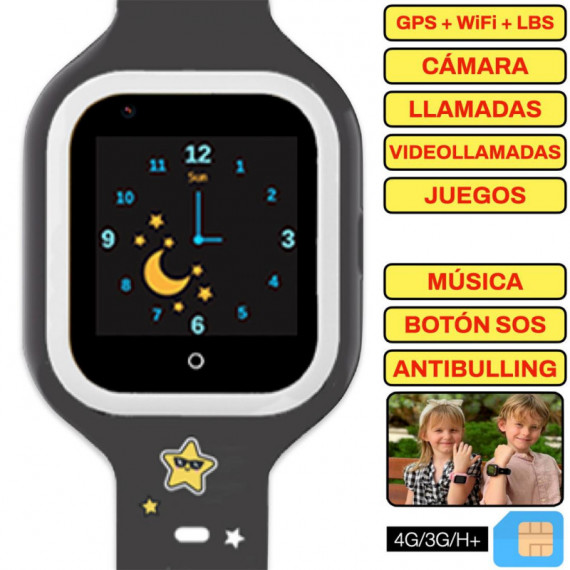 SAVEFAMILY Reloj Iconic 4G Plus Kids Wonderful Negro - Reloj con Localizador