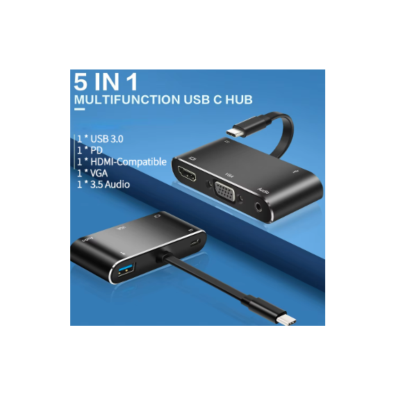 ULTRAPIX Adaptador 5 en 1 USB C con Hub HDMI (4K), Vga,  USB a 3.0, USB C y Audio 3,5MM