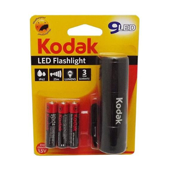 KODAK Linterna Led Negra 46 Lumenes, IP62 Resistente Al Agua, 25MTRS, Incluye 3 Pilas Aaa