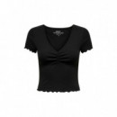 ONLY Top de Canalé Cropped con Cuello Pico Fruncido 15311919-ONLBETTY-BLACK