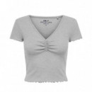 ONLY Top de Canalé Cropped con Cuello Pico Fruncido 15311919-ONLBETTY-LIGHT Grey Melang