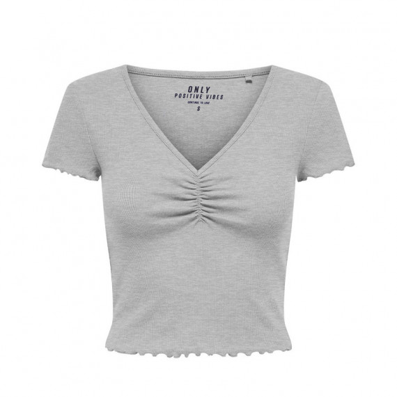 ONLY Top de Canalé Cropped con Cuello Pico Fruncido 15311919-ONLBETTY-LIGHT Grey Melang