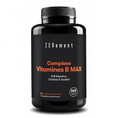 Complejo Vitamínico B MAX, con Vitaminas B1, B2, B3, B5, B6, Biotina, Ácido Fólico, B12, Colina e Inositol - 365 Comprimidos