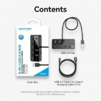 Hub USB VENTION 4 Puertos USB 3.0 Black + Cable Usb/m - Usb-c/m