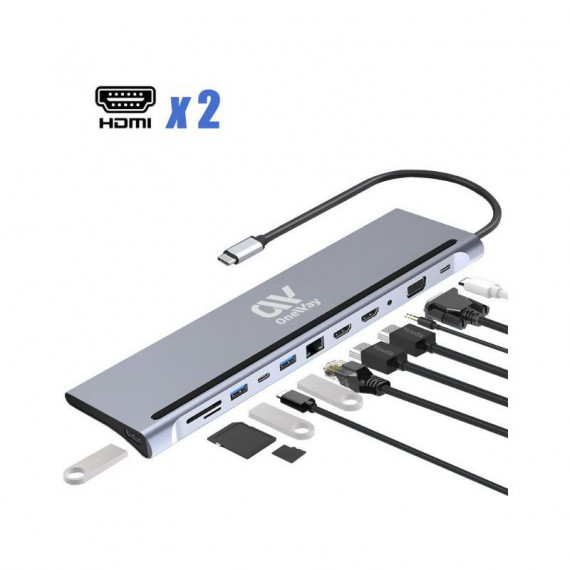 Dock Hub ONEWAY Usb-c 12 en 1 HDMI/VGA/RJ45/USB 3.0/USB-C Pd/microsd/aux