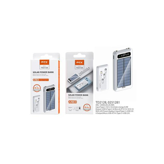 Mtk Bateria Externa Solar 12000MAH con Tipo C/micro Usb/lightning TD2128 Blanco  ONE PLUS