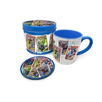 Taza Desayuno Marvel Cartas + Posavasos - Lata Regalo