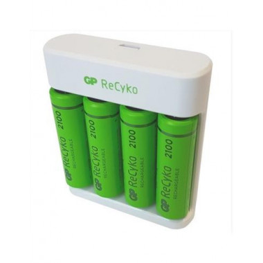 GP Cargador de Pilas Ni-Mh AA/AAA + 4 Pilas AA Recargable 2100mAh Usb Recyko