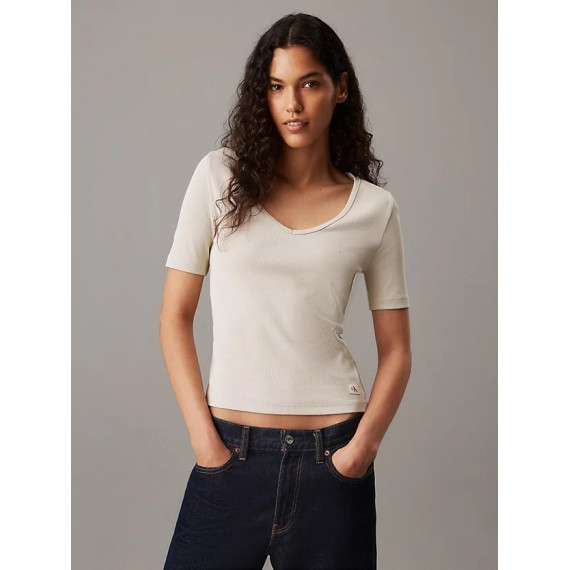 Woven Label Rib V-neck Tee Pelican  CALVIN KLEIN