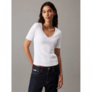 Woven Label Rib V-neck Tee Bright White  CALVIN KLEIN