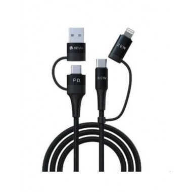 DEVIA Cable Datos 4 en 1 con Tipo C+usb a y Tipo C+lightning 1.5M EC504 Negro