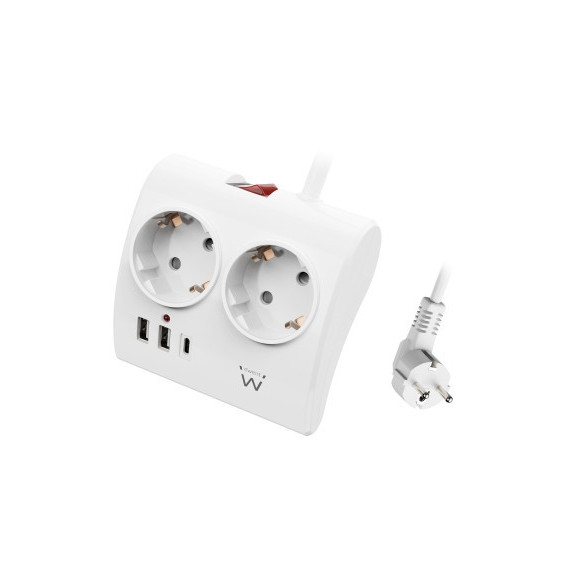 Regleta EWENT 2 Enchufes Shuco con Proteccion con 2 Puertos Usb-a y 1 Puerto Usb-c