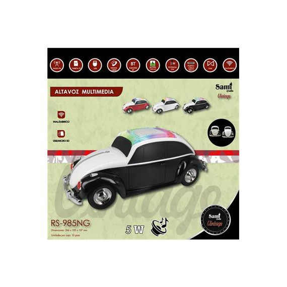 SAMI Altavoz Inalambrico Coche Escarabajo Vintage 5W RS-985 Rojo y Blanco,FM,Usb,Micro Sd,Tipo C,Tws