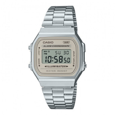 Reloj Casio Vintage A168WA-8AY Unisex Digital Plateado con Pantalla Champán