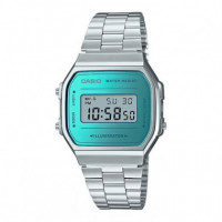 Reloj Casio Vintage A168WEM-2 Unisex Digital Plateado con Pantalla Azul Turquesa