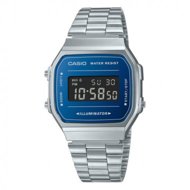 Reloj Casio Vintage A168WEM-2B Unisex Digital Plateado con Pantalla Azul