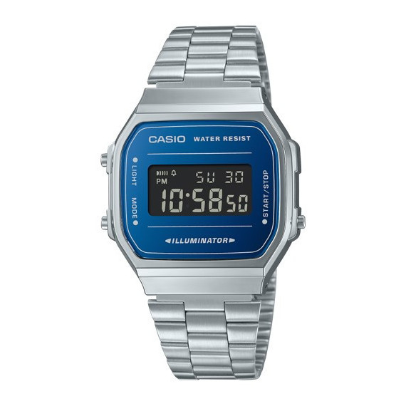 Reloj Casio Vintage A168WEM-2B Unisex Digital Plateado con Pantalla Azul