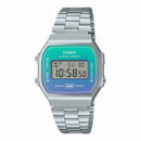 Reloj Casio Vintage A168WER-2A Unisex Digital Plateado con Pantalla Iridiscente