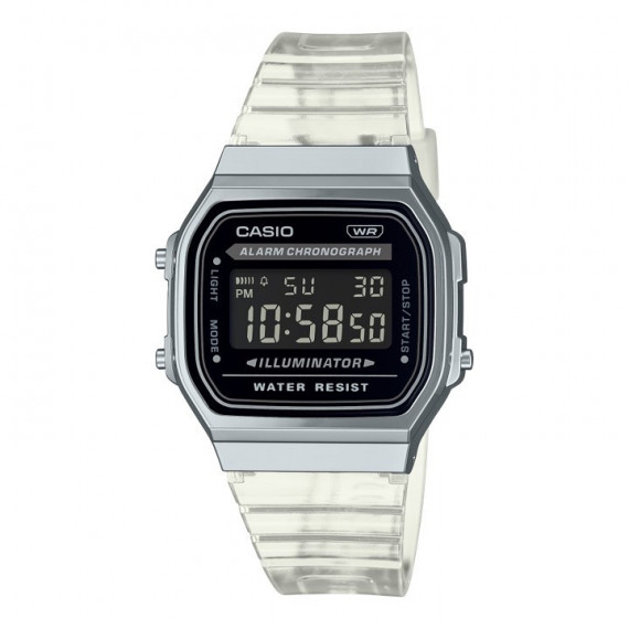 Reloj Casio Vintage A168XES-1B Unisex Digital Plateado con Correa Transparente