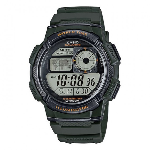 CASIO AE-1000W-3AV Reloj Digital para Hombre – Correa Verde Militar, Hora Mundial, Wr 100M, Batería 10 Años